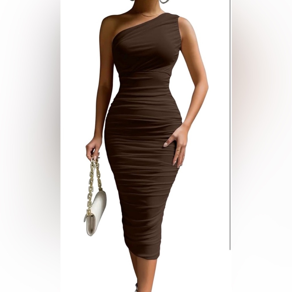 LAGSHIAN Women's Size Medium Brown Bodycon One Shoulder Dress - Picture 4 of 4
